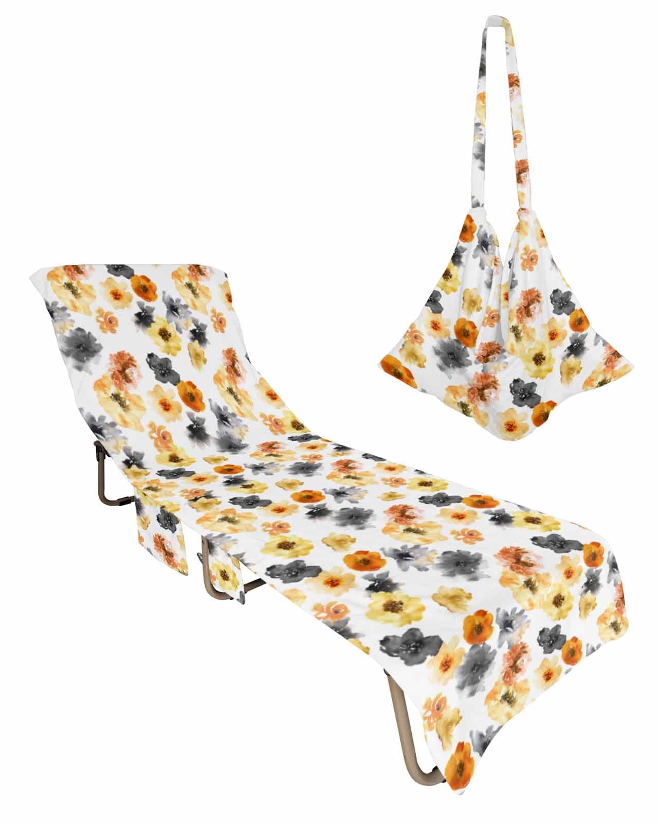 Yellow Painted Flower Beach Chair Towel Covers for Chaise Lounge with Side Pocket, Soft Plush Pool Towels Cover for Patio Sunbathing Outdoor 29''x85'' Black Orange Floral Simple White