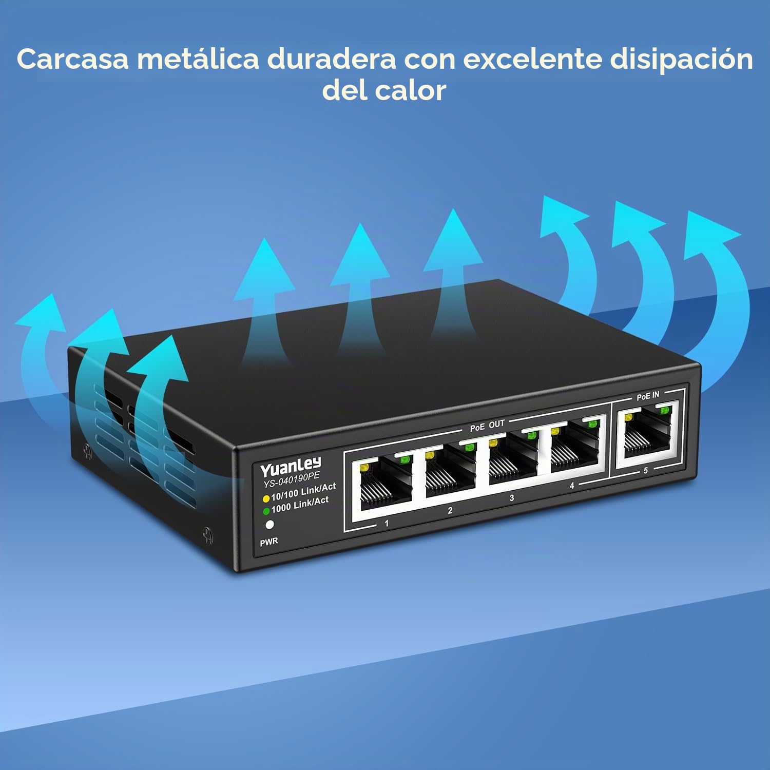 YuanLey Extensor PoE Gigabit de 5 Puertos con 4 Salidas, IEEE 802.3af/at/BT Mini Repetidor de 5 Canales 1000Mbps, Metálico, Protección contra Rayos de 6KV, Escritorio, Switch Passthrough