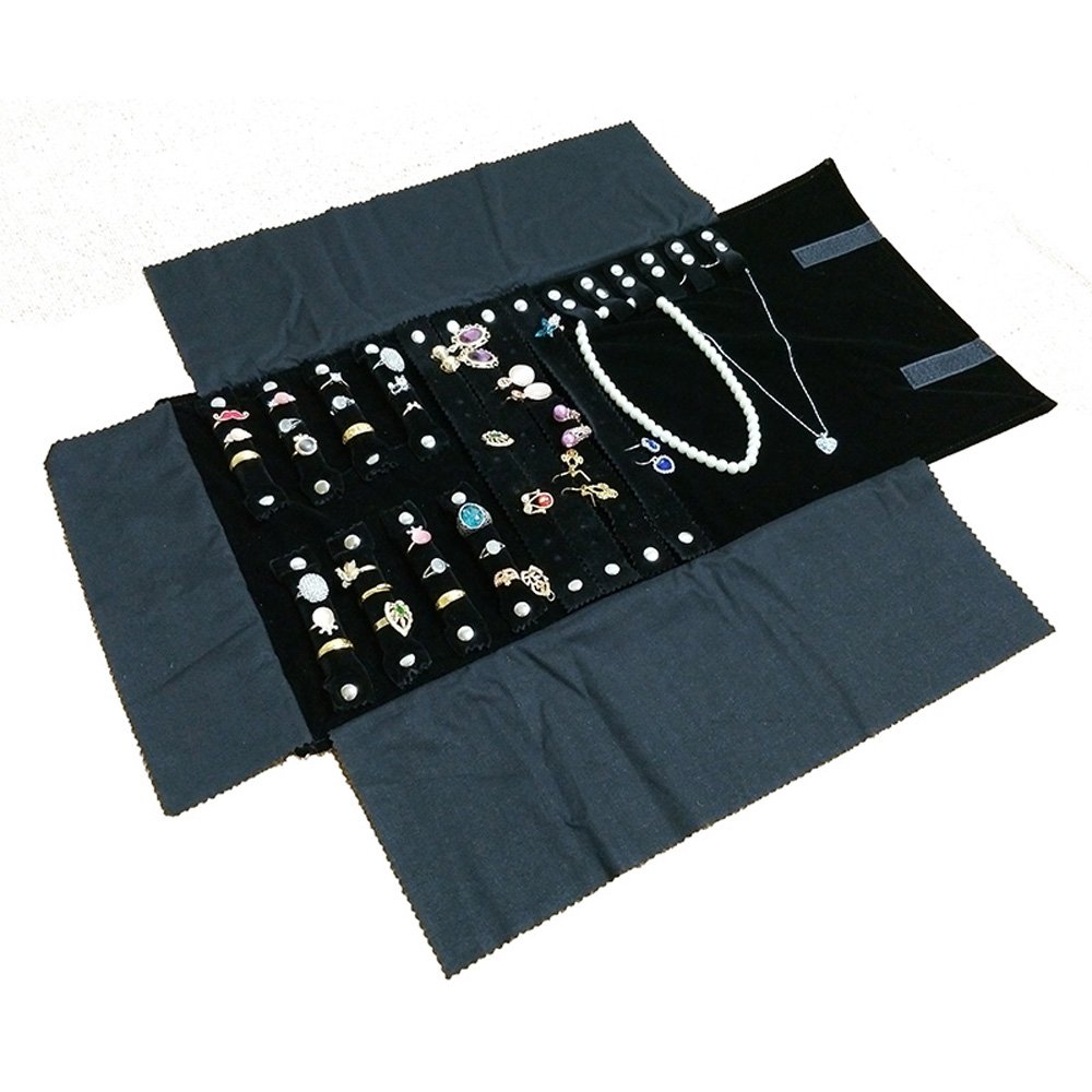 iYang Jewelry Organizer Rolls Necklace Ring Earring Holder Bag Case Carriers Collector Soft Velvet (Gold)