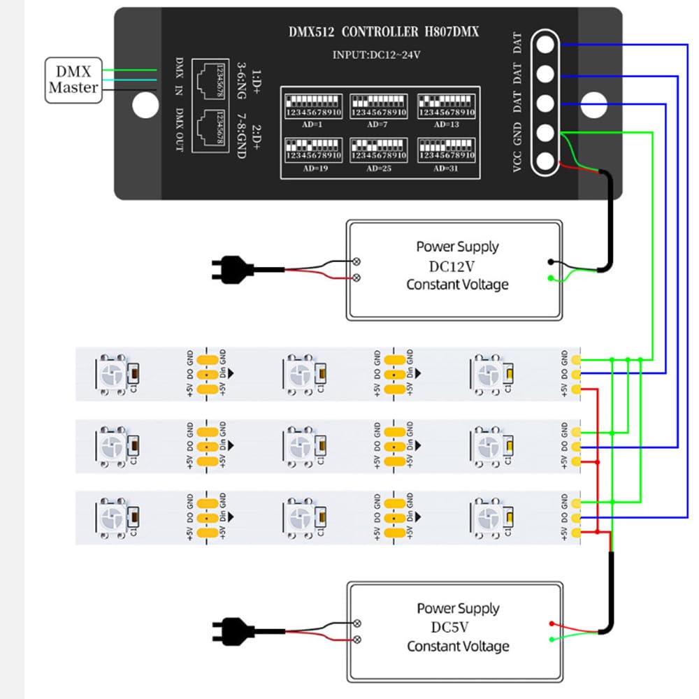 H807 DMX512 palcoscenico luce LED controller 1024Pixel 13 canali DMX WS2811 WS2812B WS2813 WS2815 Pixel LED striscia controller