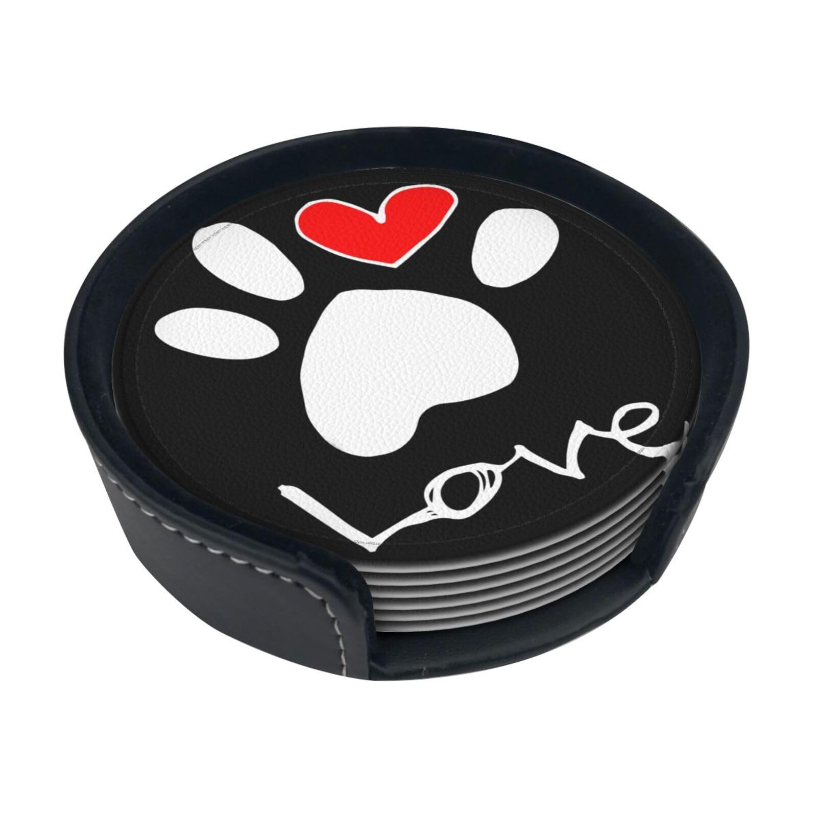 Poadnly As Picture Dog Footprint Paw Love,Set Of 6 Round Coasters, Pu Leather Drinks Coasters With Holder For Home Office Kitchen