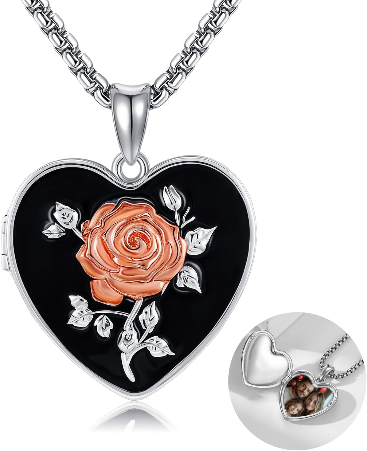 SNOWELLE Rose Locket Necklace 925 Sterling Silver Heart Locket Pendant That Holds Pictures Keep Someone Near to You Photo Locket Jewelry Gift for Women