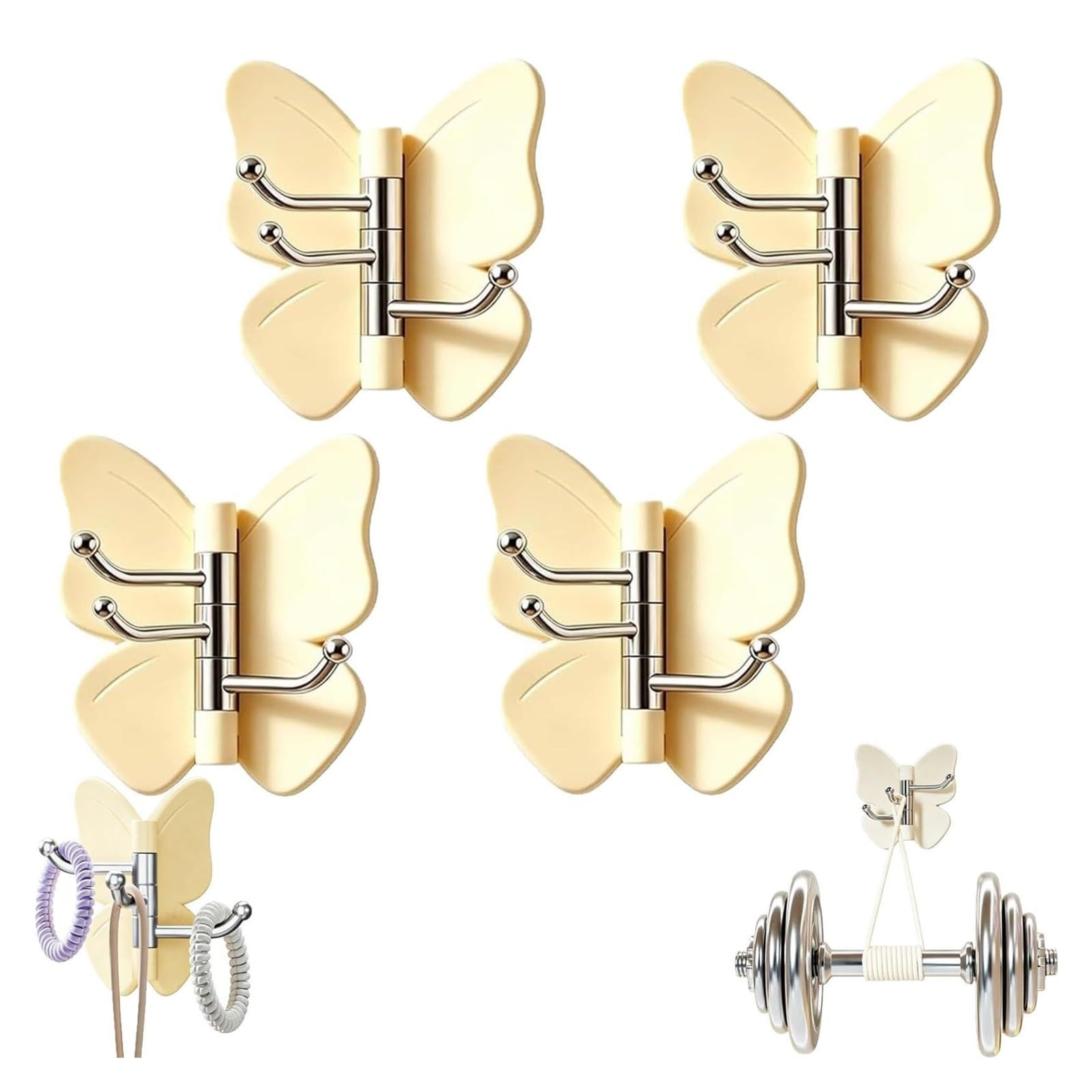 Sloiaz 4 Yellow Rotating Butterfly Adhesive Wall Hooks,Strong Stick On Organizer,270° Swivel 3 Prong Design, Adjustable Wings For Inner & Outer Corners,Bathroom And Entryway(4 Yellow)