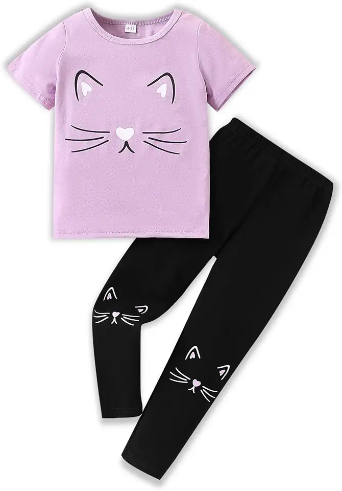 Togrielan 4-8T Toddler Girl Clothes Cat face print Short Sleeve Top+Pants Outfits Girl Spring and summer 2-Piece Set