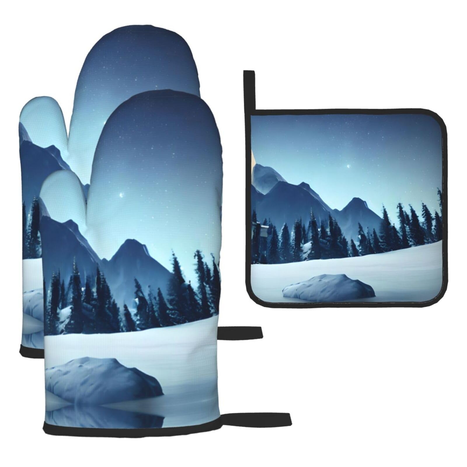 Snowy Forest Oven mittens and oven mitts three-piece set suitable for oven, grilling, baking, microwave and home cooking.