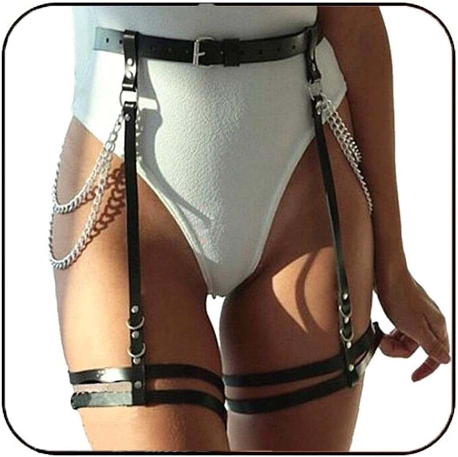 Asooll Punk Leather Waist Leg Body Belt Black Rave Thigh Chain Body Harness Belt Fashion Party Club Body Accessories for Women and Girls