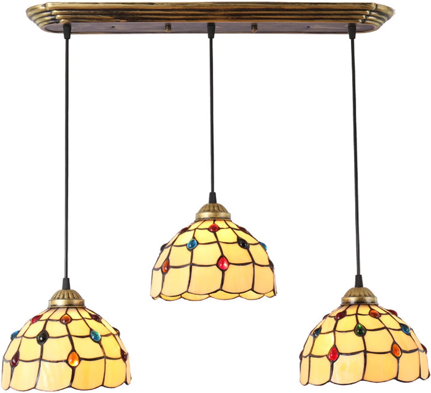 Tiffany Style 3-Light Kitchen Island Lights Crystal Beads Stained Glass Pendant Lamp American Farmhouse Hanging Lighting Fixture for Kitchen Island Dining (B)