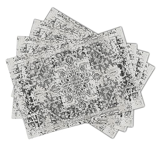 Image of Gray Black Boho Placemats Set of 4 Ethnic Bohemian Carpet Place Mats Washable Kitchen Dining Vintage Grey Geography Floral Linen Table Mats Stain Heat-Resistant Cloth Tabel for Home Party 12x18 in