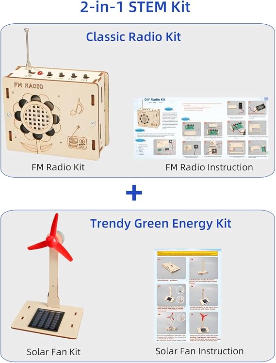DIY FM Radio Kit and Solar Fan Kit, Electronic Science Project with PCB, Speaker, Case, Assembly Tools,Gifts for smart Kids