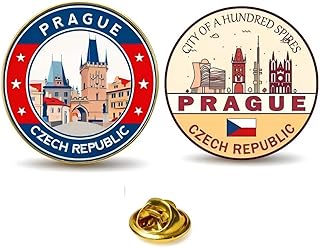 Prague Souvenir Pins Set of 2, Czech Republic Travel Collectible Badges, Alloy Metal with Gold Plating, City Landmark Tourist Gifts