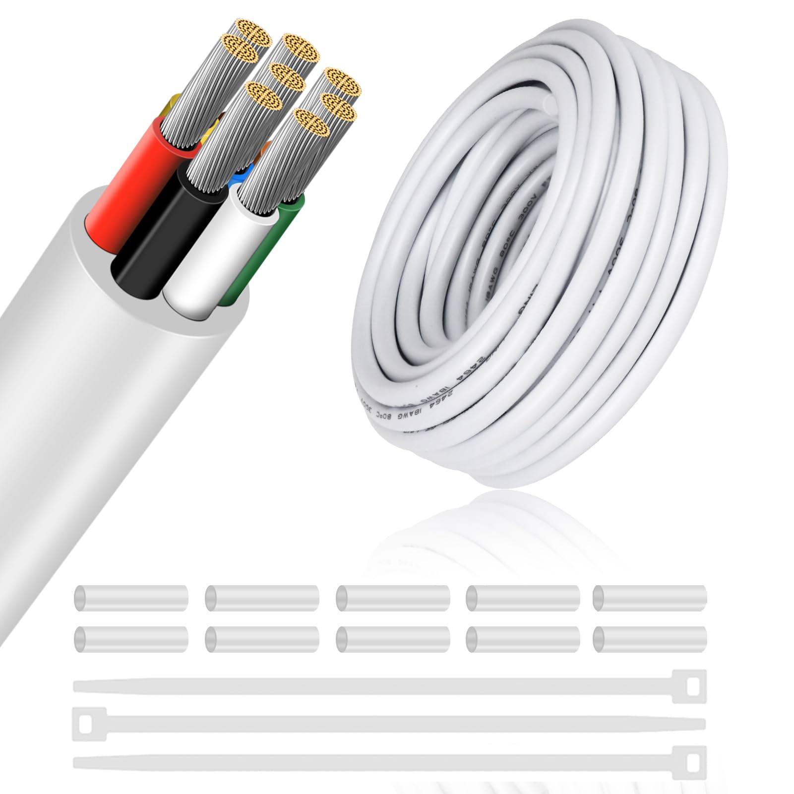 18 Gauge 8 Conductor Electrical Wire, 49.2FT Low Voltage 18/8 Tinned Copper Stranded 8 Wire Cable, 18 AWG White Flexible Extension Power Cord for