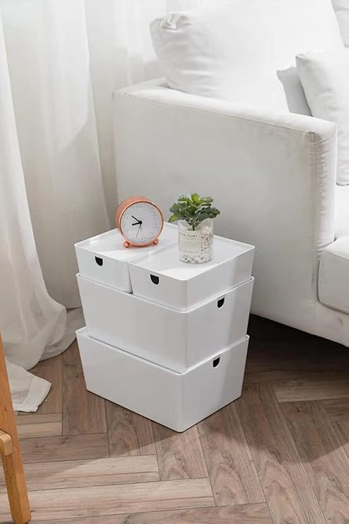 Amazon Amazon 限定 ふた付き収納ボックス 4個セット おもちゃ 化粧品 調味料 お菓子用収納ボックス 卓上 小物 下着 書類収納ボックス キッチン バスルーム オフィス 書斎 リビング キャビネットpet 多機能 収納便利 重ねられる 頑丈 スムーズ ホワイト 17 5 13