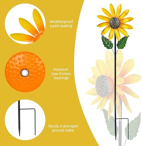 Miniatura 3 de Viveta Girasol Molinillo de Viento, Molinillo de Viento de Metal de 56" con Estaca, Molinillos de Viento para Decoración de Patio y Jardín