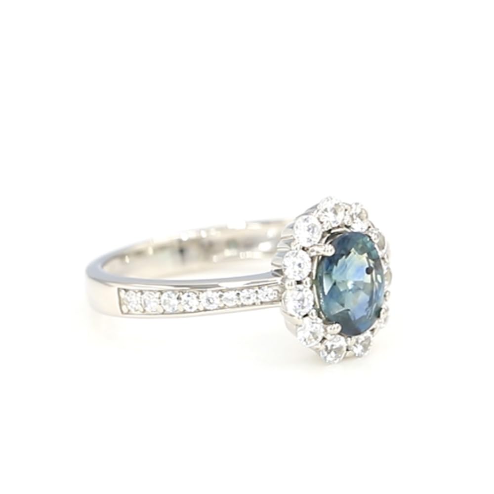 Cavill Petrolfarbener Saphir Ring 0,987 ct Ovalschliff mit 925er Sterlingsilber Platin Beschichtung und funkelnden kambodschanischen Zirkonen im Silberring für Damen