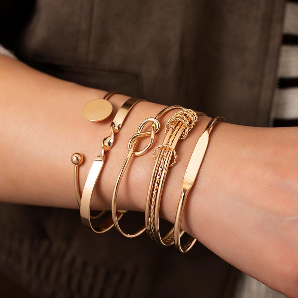 CHICUTIE Gold Bangles Bracelets For Women, 14k Gold Plated Stackable Open Cuff Bracelet Set Charms Trendy Lightweight Elegance Minimalist Textured Boho Jewelry Gift for Women - Image 2
