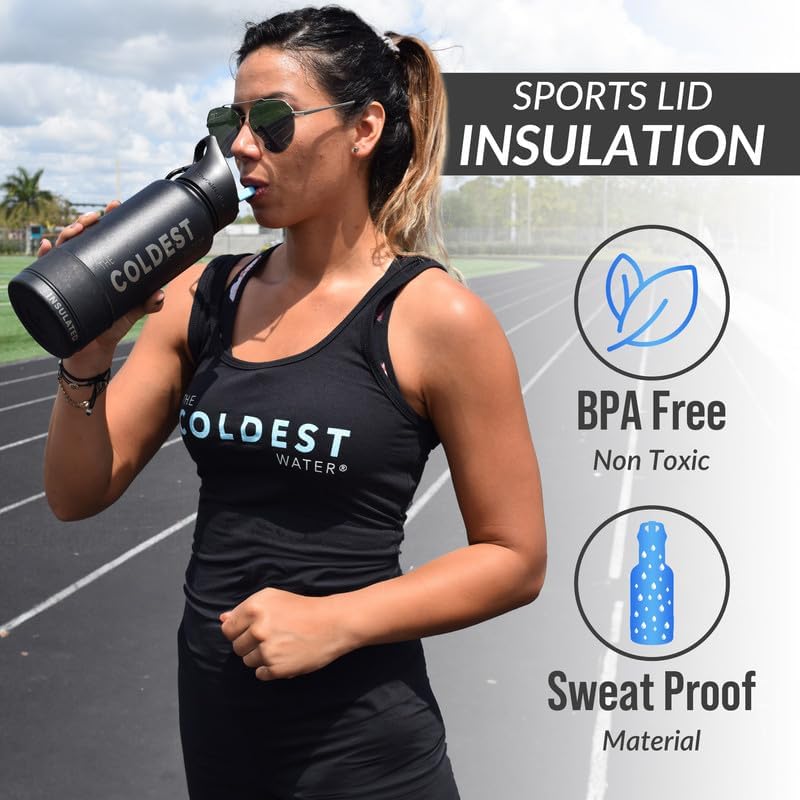 Miniatura 5 de COLDEST Botella de agua deportiva de 24 oz (tapa con pajilla) a prueba de fugas de acero inoxidable con aislamiento para bebida fría o caliente,