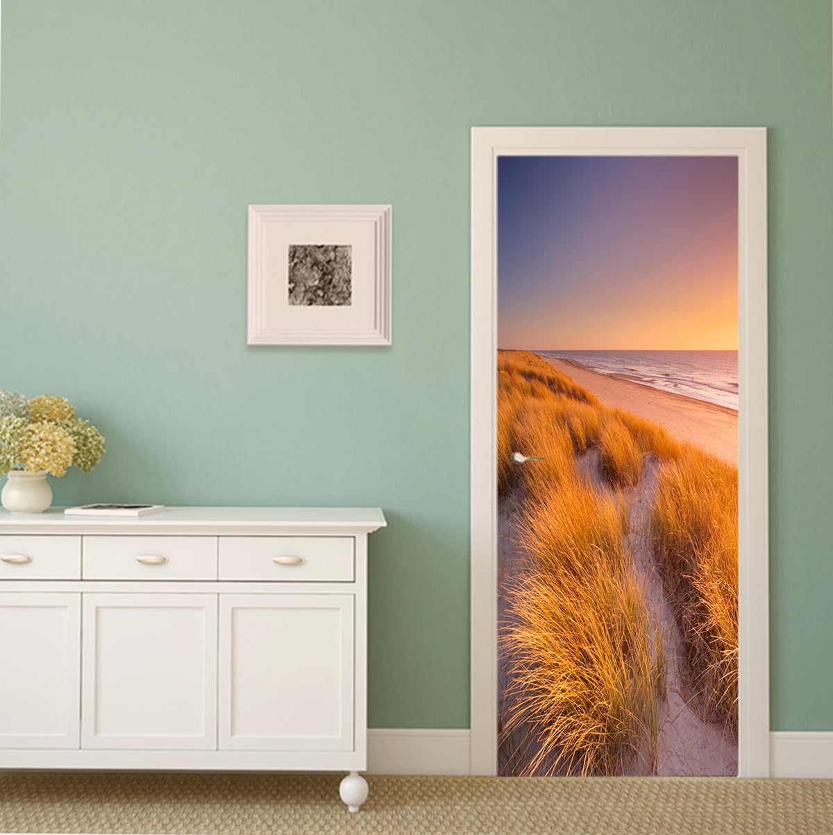 FLFK Peel and Stick Door Sticker 77x200cm-3D Sunset on The Island Self-Adhesive Door Mural Poster Photo Wallpaper for Bedroom Office Decor(2Pcs/Set)
