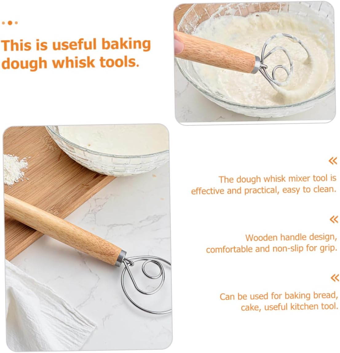 Danish Whisk Wooden Handle Baking Tool for Mixing Flour and Eggs Kitchen and Multipurpose for Novice and Experienced Bakers