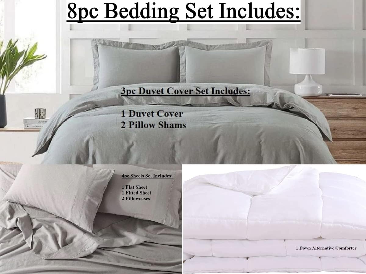 Royal Tradition Belgian Flax Linen-Cotton Blend Medium Warmth 8PC Bedding Set Includes: Sheets and Duvet Cover Sets with Down Alternative Comforter, (Full Size, Grey)
