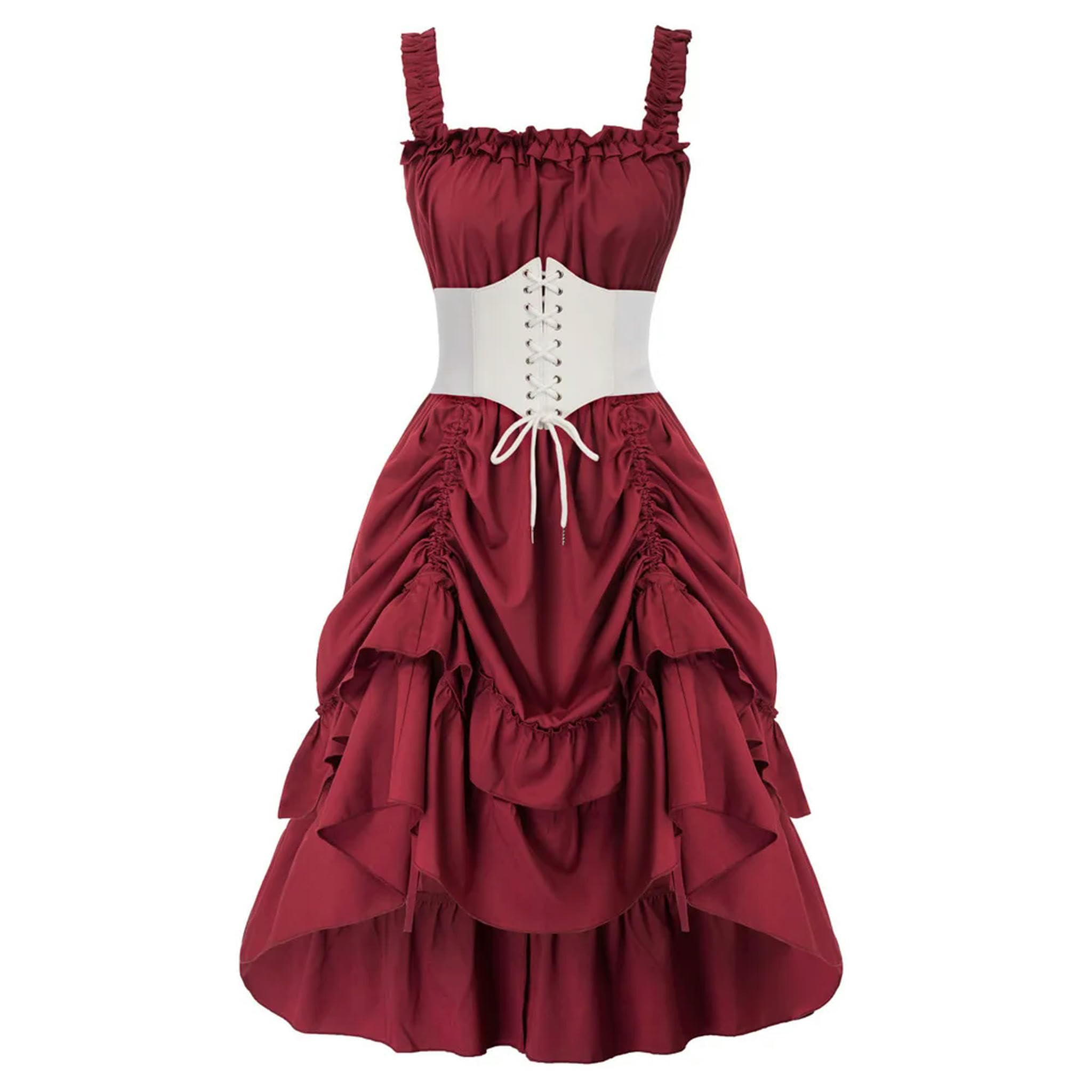 Damenkleid, Gerafftes Kleid, quadratischer Ausschnitt, gesmokte Taille, Kleider, Gothic-Steampunk-Rock, asymmetrisch, hoch – Pink-XL