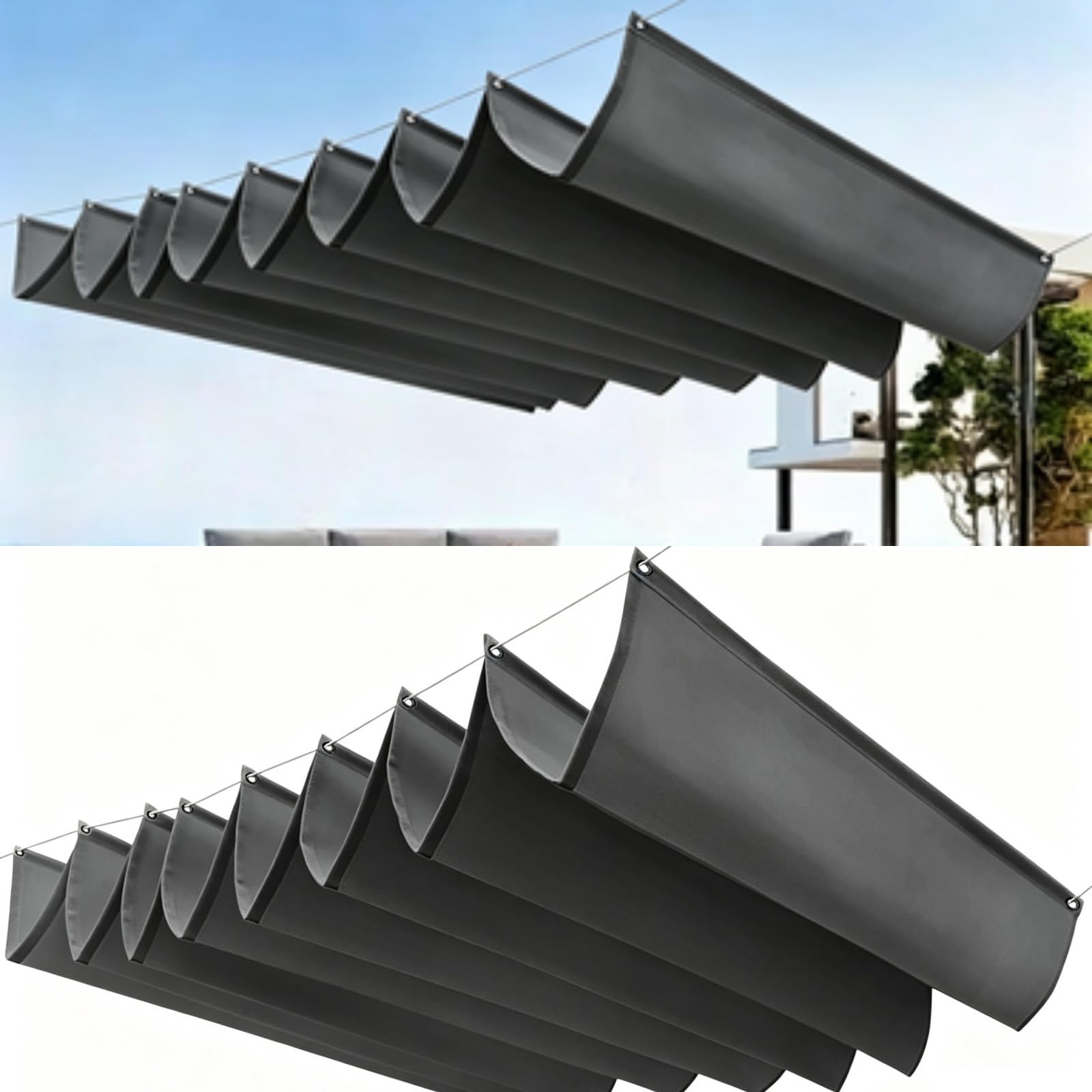 Rozwijany Żagiel Przeciwsłoneczny Wave 90 x 480 cm Blokujący 98% UV Wodoodporna Osłona Pergoli Z Oczkami I Sznurkiem Do Ogrodu Zewnętrznego, Patio, Trawnika, Ciemny szary