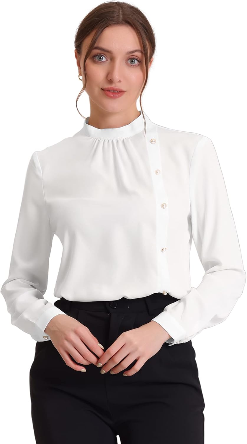 Allegra K Elegant Office Shirts for Women's Stand Collar Button Decor Long Sleeve Vintage Blouse