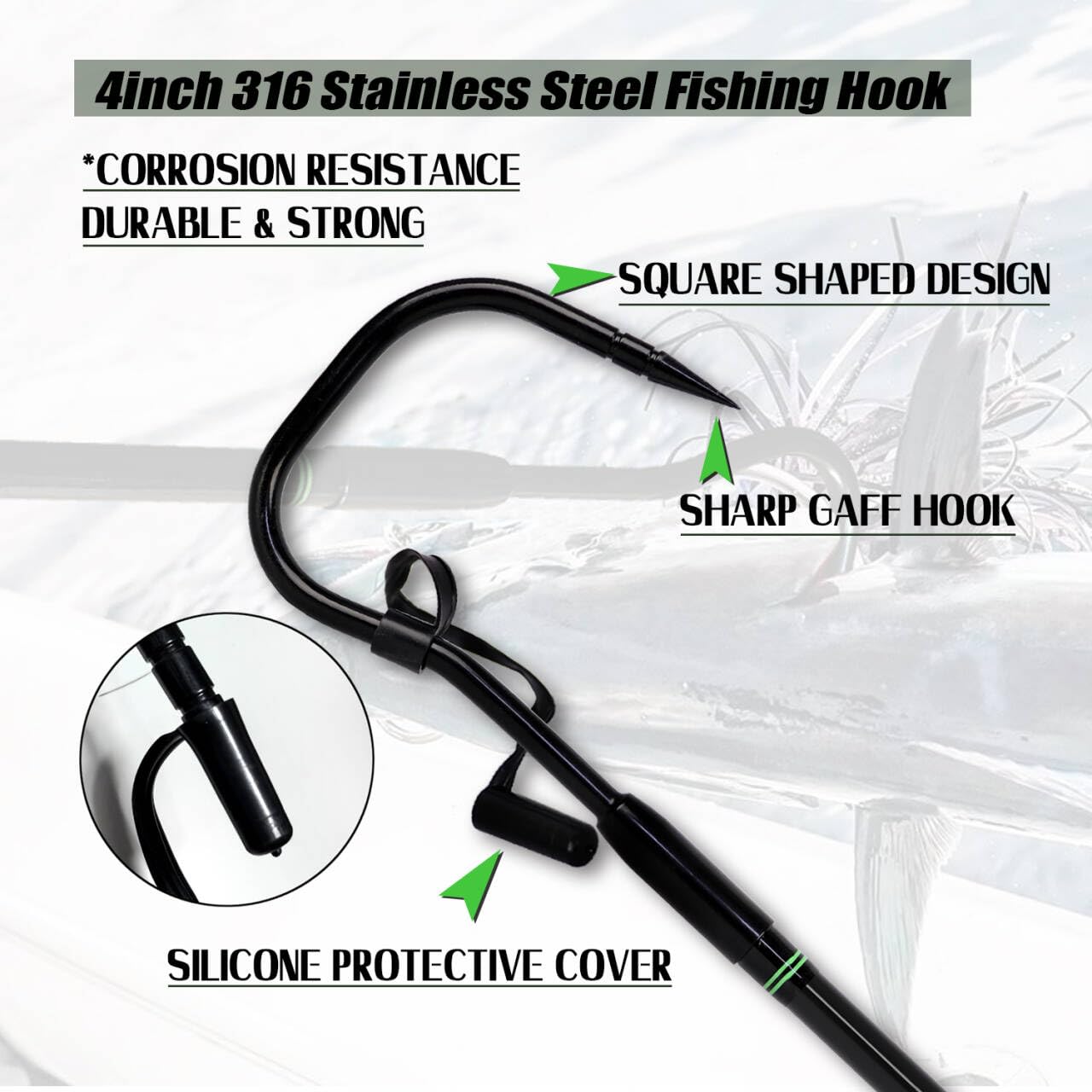 Fiblink Fishing Gaff Tragbarer Reisefisch-Gaff mit S316 Edelstahl, Angelhaken, rutschfester Camouflage-Griff, 1 Stück/2 Stück, Gaff für Salzwasser, Offshore, 1,2 m, 1,8 m, 2,3 m
