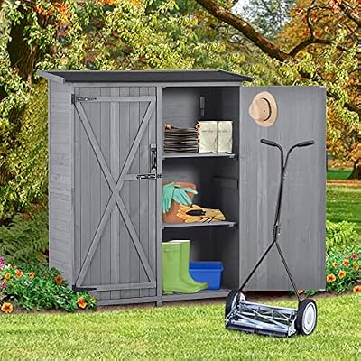 LOUHME Outdoor Wooden Storage Shed, 5.3ft Hx4.6ft L Garden Storage Cabinet with Waterproof Asphalt Roof, Double Lockable Doors and 3-Tier Shelves for Patio Backyard, Ideal Tool Organizer, Gray
