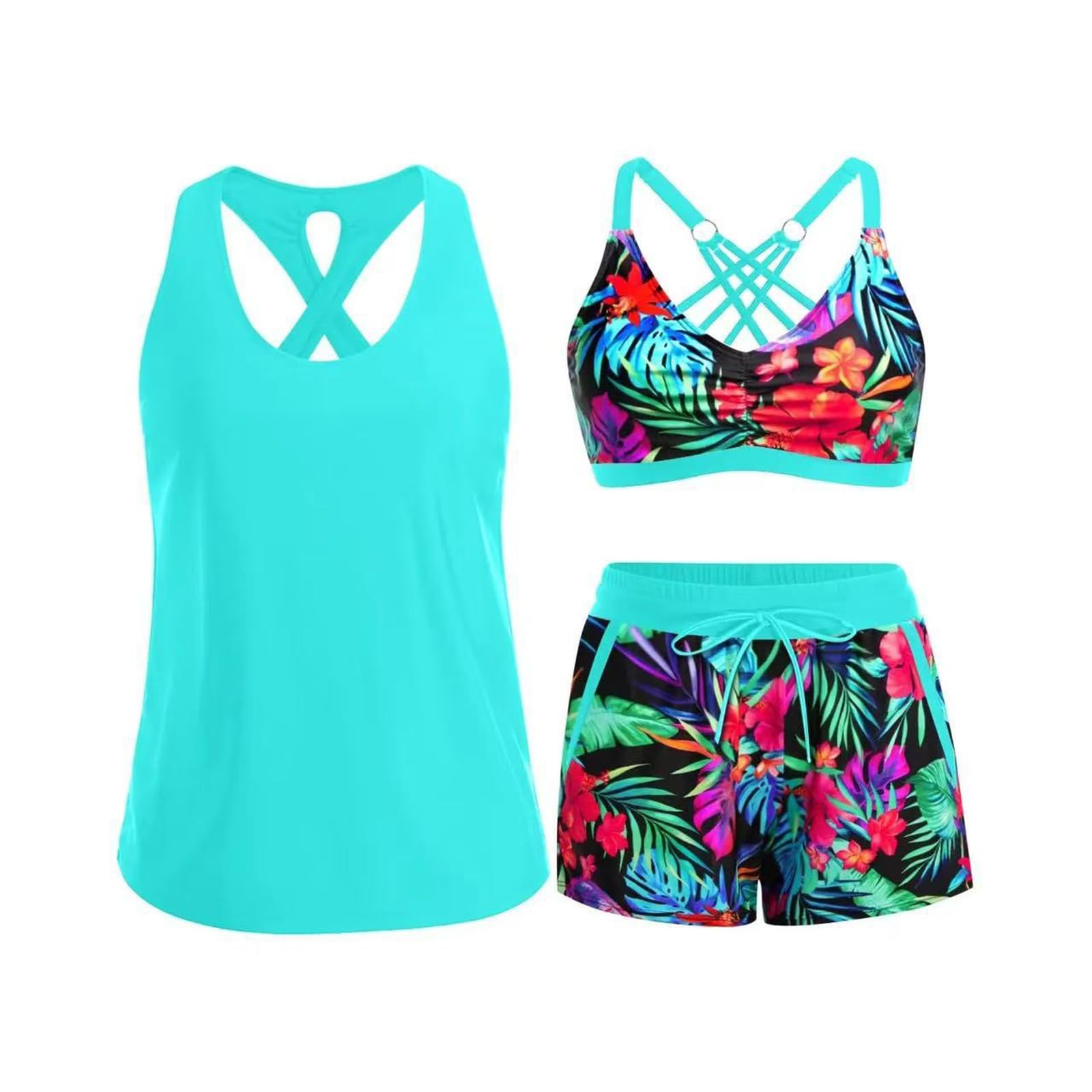 Generisch Damen Zweiteiliger Badeanzug Mit Tankini Oberteil Und Hoch Taillierter Shorts Tropischem Print