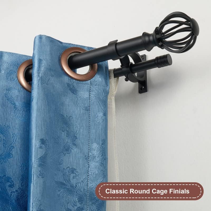 double curtain rods for window 72-144", matte black double curtain rods with round cage & barrel finials, 1-inch front and 5/8 inch back double drapery rod matte black 72-144"
