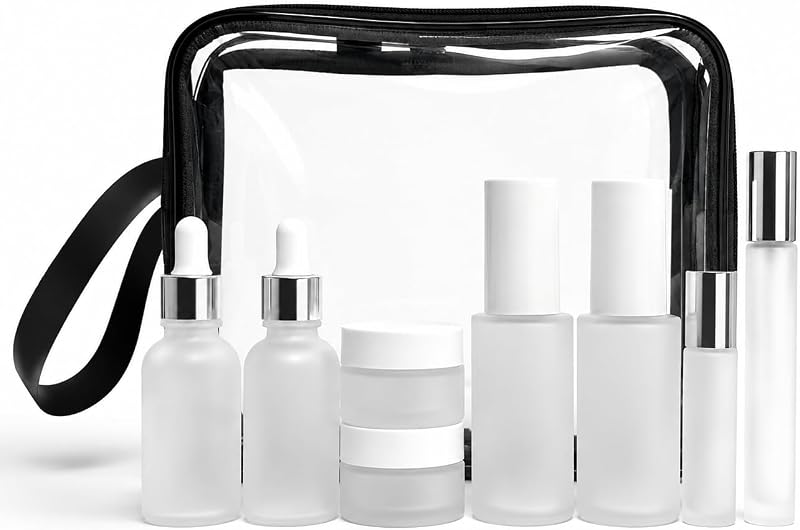 Conjunto FYAWME com 18 frascos de vidro para viagem, com spray e bomba, branco