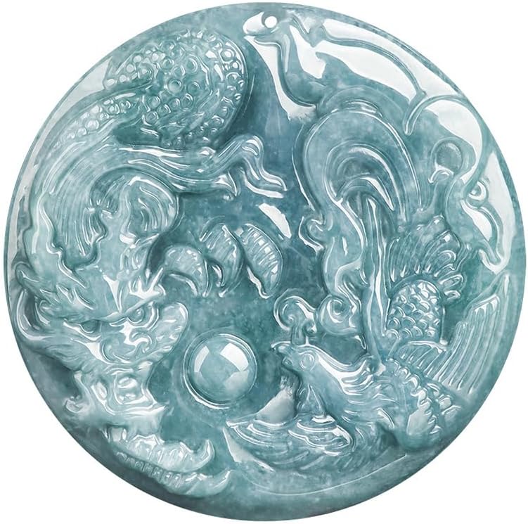 Natural Jadeite Dragon and Phoenix Jade Pendant Necklace, Grade A Jade Hand Carved Dragon Phoenix Auspicious Pendant, Harmony & Prosperity Charm Lucky Amulets for Men and Women