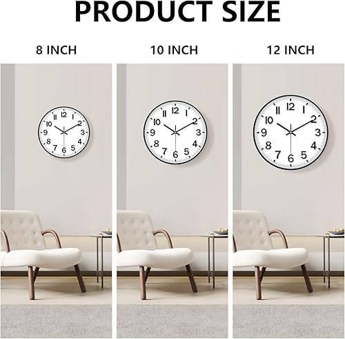 Miniatura 9 de Reloj de pared negro, reloj de pared de 8 pulgadas, funciona con pilas, redondo, moderno, sin tictac, silencioso, digital, analógico, pequeño, reloj