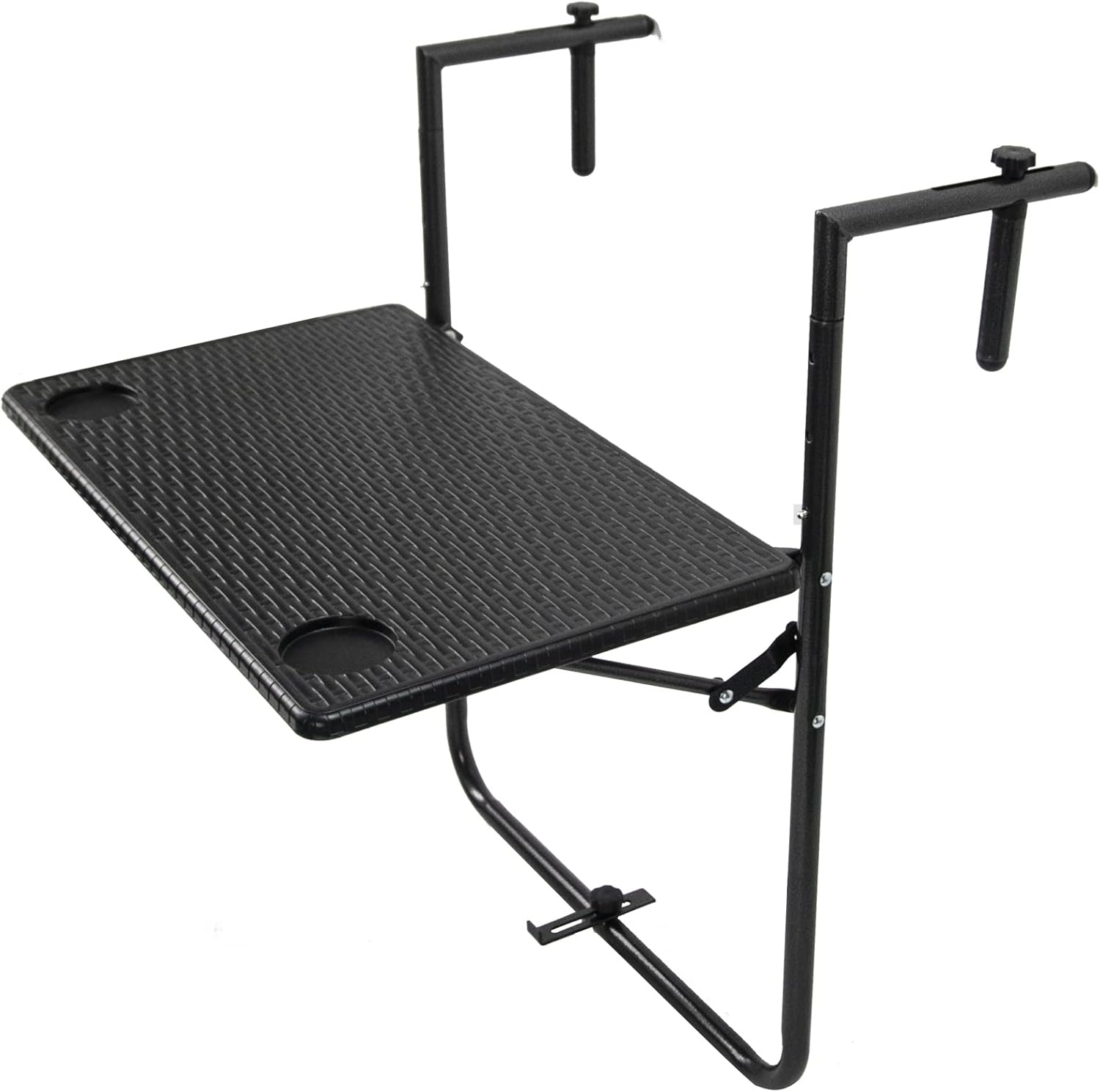 EJWOX Folding Balcony Hanging Table - Outdoor Railing Bar Serving Table, 3 Adjustable Height/Maintenance-Free Material, Suitable for Patio, Garden and Deck(Black Wicker Style)