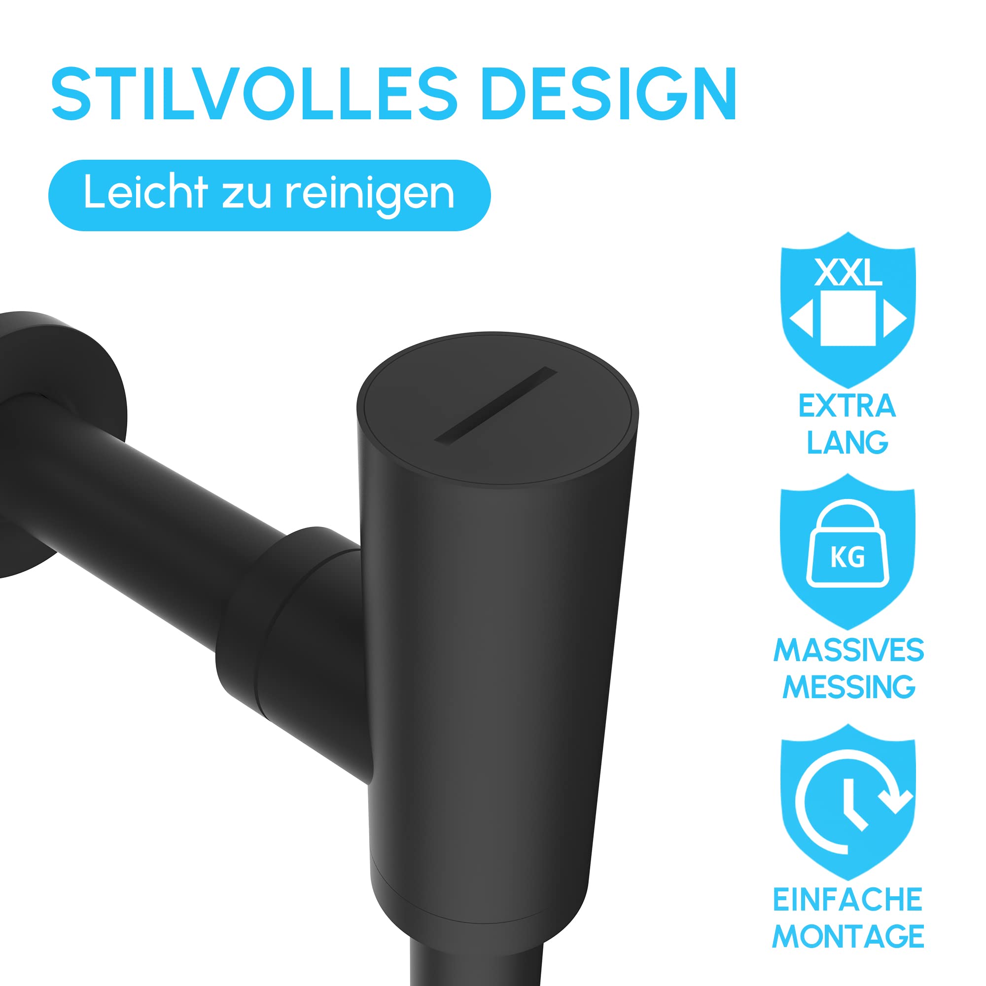 Design Siphon für Waschbecken & Waschtisch - Massives Messing - Geruchsverschluss Matt Schwarz 2er-Set
