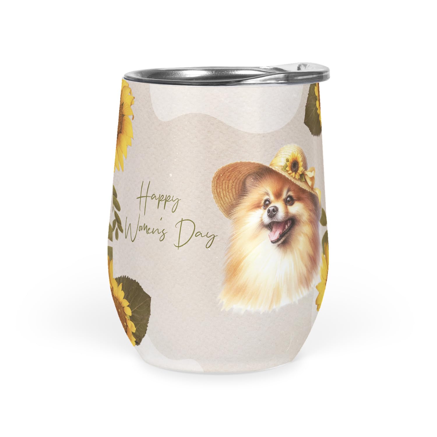 Ninety3POD Happy Women's Day Pomeranian Sunflower Vintage Proud Mom 12oz Stainless Steel Tumbler Insulated Cup with Lid Pom Dog Lover Gifts - 030