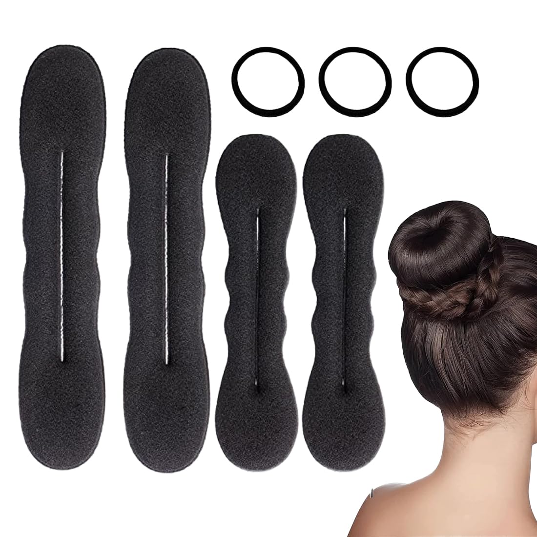 4 Pezzi Chignon per Ciambella + 3 Elastici per Capelli, Facili e Veloci per Capelli, Strumenti per Chignon in Spugna per Capelli