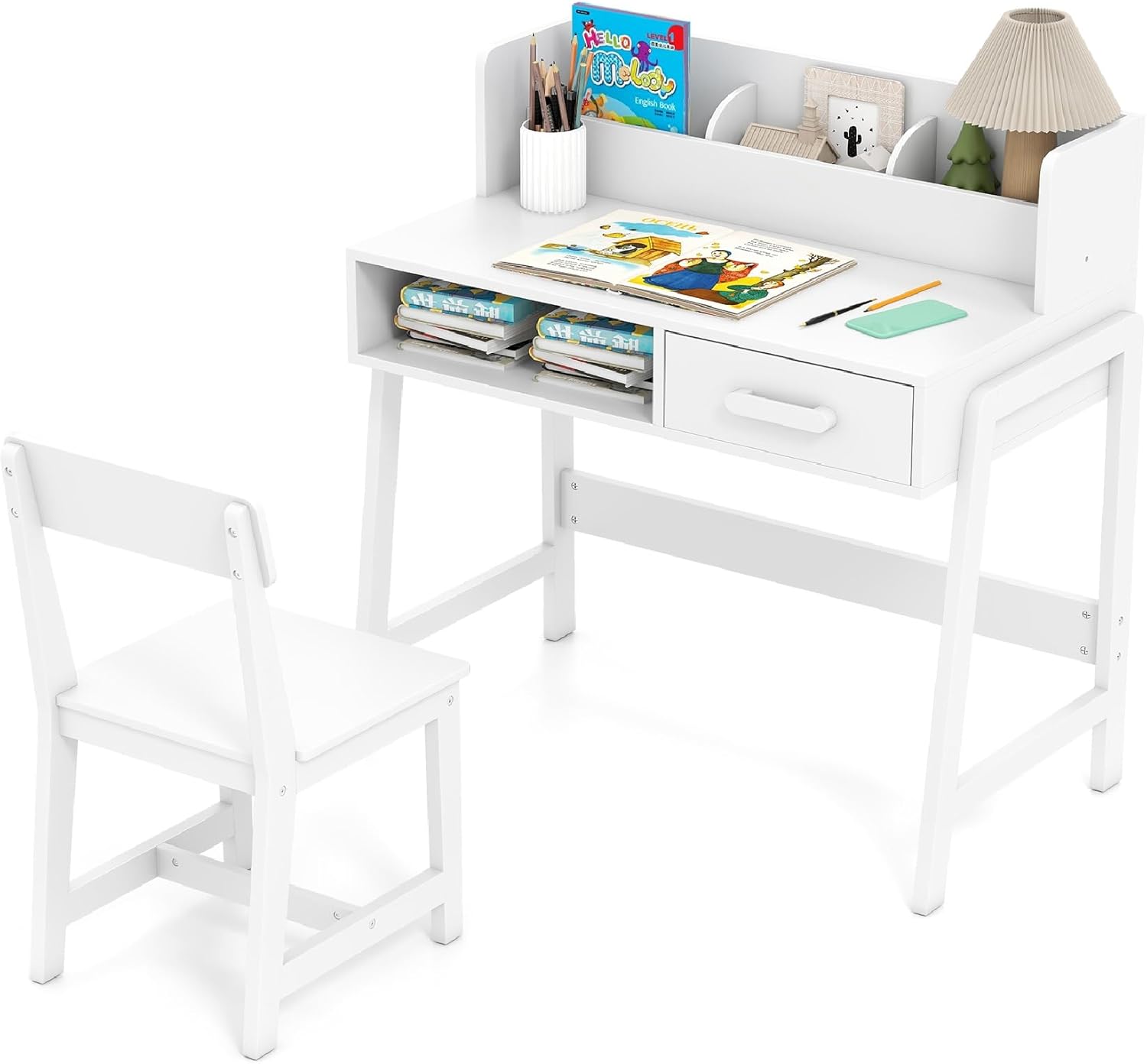 INFANS Table and Chair Set, Toddler Wooden Student Study Desk with Chair Storage Hutch Compartments Drawers for Writing Drawing, Children Furniture for Bedroom School Boys Girls 3+ Years Old