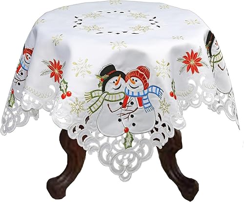 Mantel navideño de 33 pulgadas, cuadrado, bordado de muñeco de nieve, copo de nieve, flor de pascua, decoración de mesa de invierno, color blanco