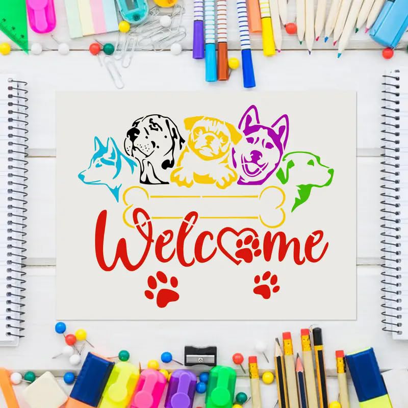 Reusable Dog-Themed Welcome Wall Stencils Template Reusable Spray PaintStencils for Craft Painting On Wood Craft Canvas Walls Wood Furniture Decorations DIY Scrapbooking