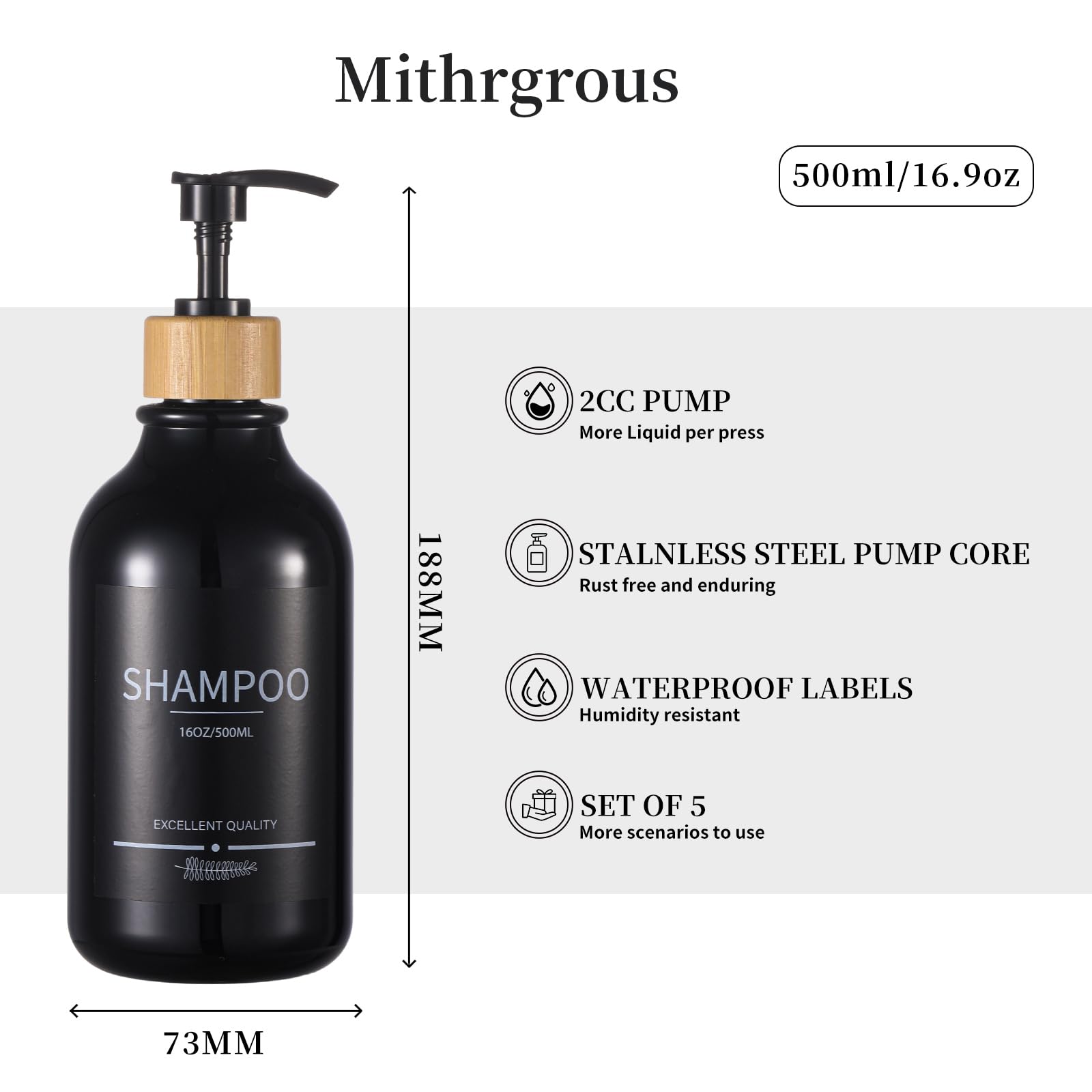 Paquete de 5 botellas dispensadoras de champú y acondicionador, recargables de 16.9 onzas, juego dispensador de champú de baño negro