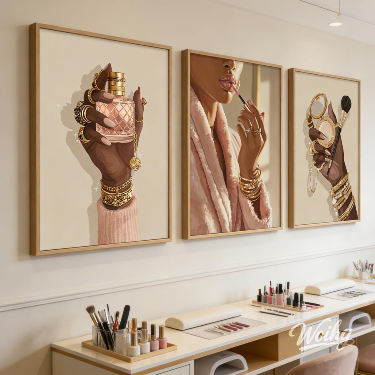 Framed Black Girl Lipstick Makeup Wall Art Prints Set of 3 African American Woman Fashion Artwork Luxury Feminine Wall Decor Posters for Girls Room Bathroom Apartment Living Room (12x16 in)