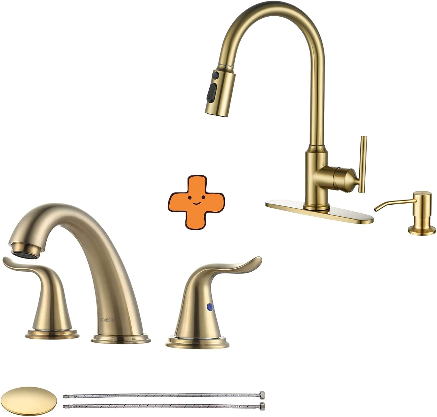 WOWOW Widespread Bathroom Faucet Brushed Gold Bathroom Sink Faucet 3 Hole Vanity Faucet 2 Handle and Kitchen Faucets with Pull Down Sprayer Kitchen Sink Faucet with Soap Dispenser