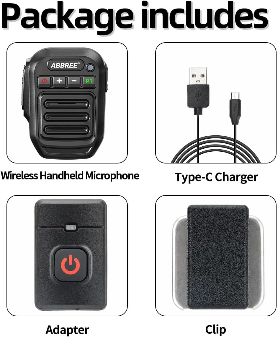 Contents of the ABBREE Speaker Mic package: handheld microphone, Type-C charger, adapter, and clip.