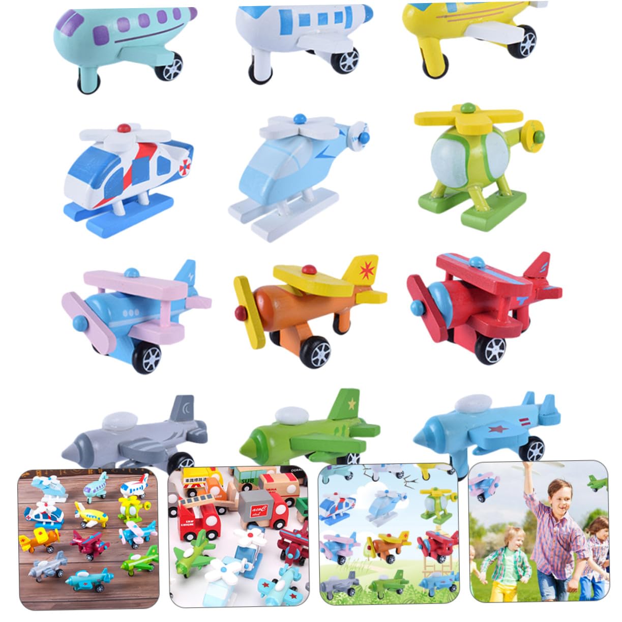 Hemobllo Mini Avión de Juguete de Madera para Niños Pequeños, 12 Piezas Coloridas, Educativo y Seguro, Adecuado para Desarrollo Cognitivo y Juego en Casa o Fiesta Familiar