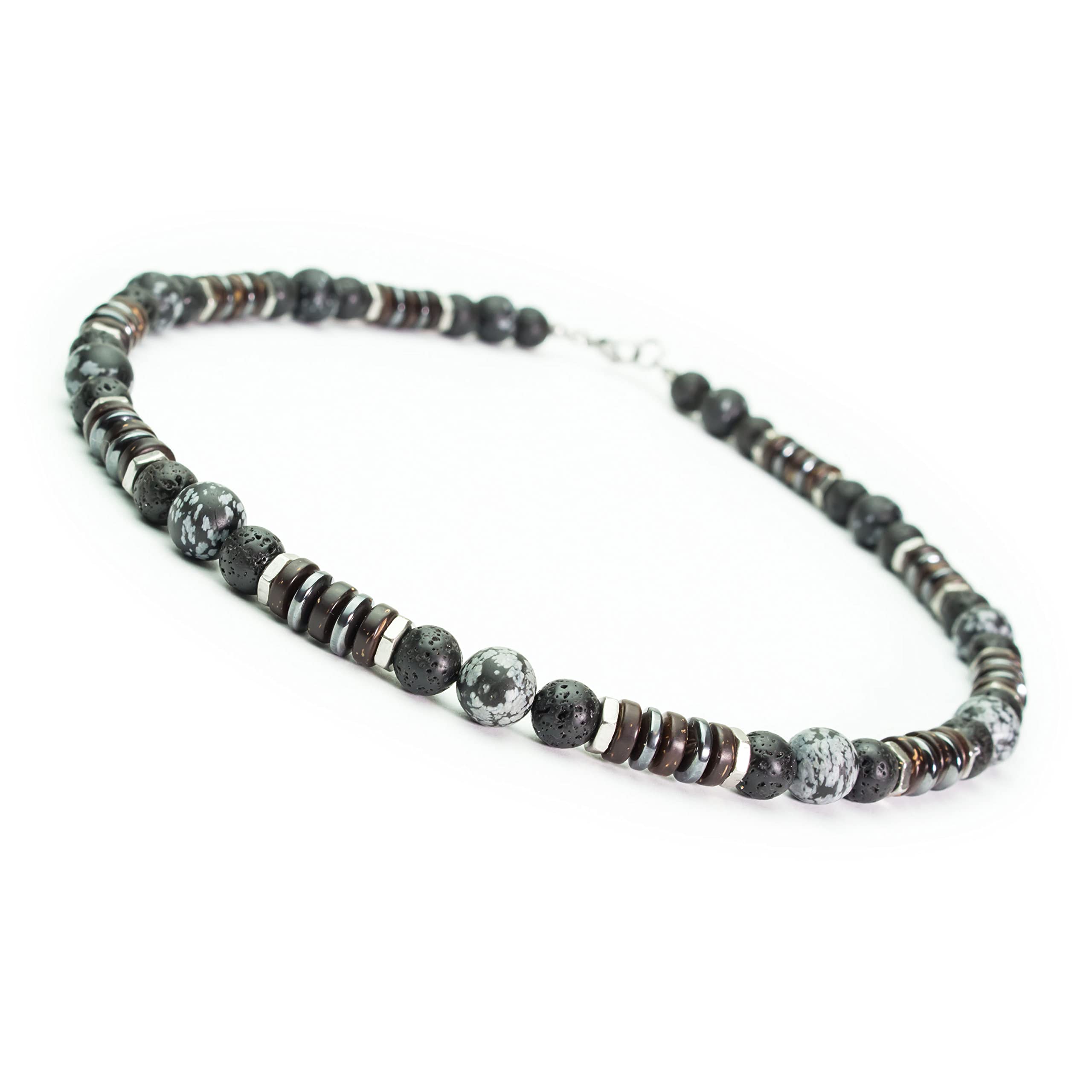 Collier Homme perles Ø8-10mm pierre Obsidienne Flocon de Neige Lave Volcanique (Vesuvianite) bois coco hématite métal inoxydable couleur argent