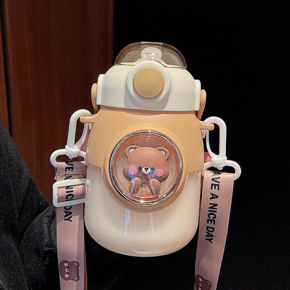 JHTPSLR Large Kawaii Capsule Water Bottle with Straw and Strap 28oz Cute Bear Figurines Water Bottle for Kids Teen Girls School Sports Portable Water