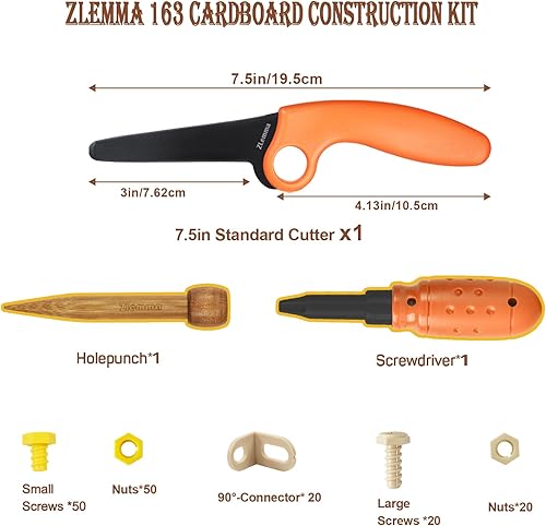 Miniatura 3 de ZLemma Kit de herramientas de construcción de cartón, 163 piezas, juguetes educativos para jugar en casa + aprendizaje en el aula  Herramientas de