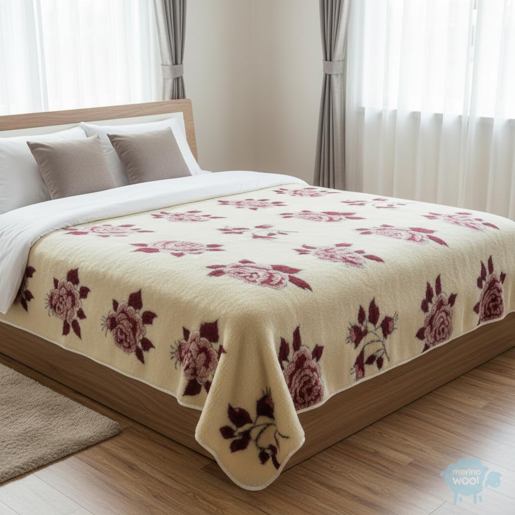 MERINO NATURAL WOOL BLANKET RED ROSE WOOLMARKED PERFECT FOR GIFT BLANKET (DOUBLE 160 x 200CM)