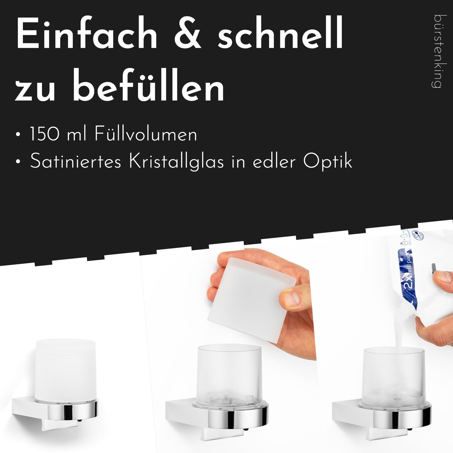 Bürstenking Seifenspender mit Kristallglas satiniert rund oder eckig für Flüssigseifen Chrom – 150 ml Einhandbedienung Flüssigseifenspender Wandmontage inkl. Dübel & Schrauben (Chrom, Zylindrisch)